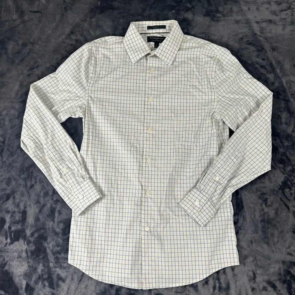 Banana Republic Button Down Mens S White Blue Plaid Slim Fit Wrinkle Resistant